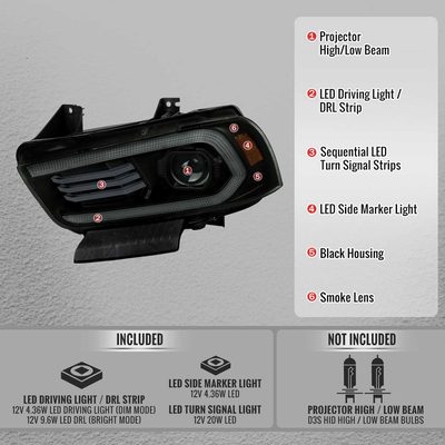For Dodge Charger 2011-2014 Headlights LED DRL Light Strip Turn Signal Side Marker Black Housing Smoked Lens