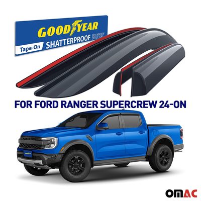 Goodyear Wind Deflectors for Ford Ranger 2024-2025 SuperCrew Tape-On Smoke 4 pcs