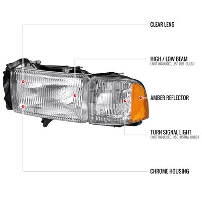 1994-2001 Dodge RAM 1500/2500/3500 Factory Headlights and Corner Lights Chrome