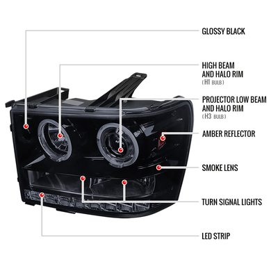 2007-2014 GMC Sierra SMD Dual Halo Projector Headlights Glossy Black/Smoke