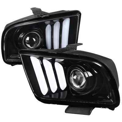2005-2009 Ford Mustang LED Bar Projector Headlights Jet Black/Clear Lens