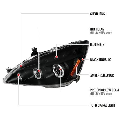 2003-2007 Honda Accord Dual Halo Projector Headlights Matte Black/Clear Lens