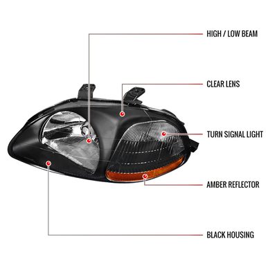 1996-1998 Honda Civic Factory Style Crystal Headlights Matte Black/Clear Lens