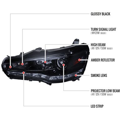2008-2015 Mitsubishi Lancer EVO Projector Headlights SMD LED Light Strip Smoke