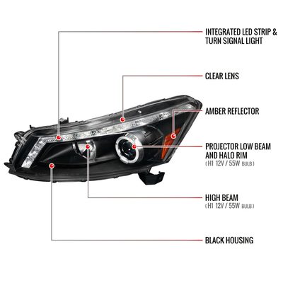 2008-2012 Honda Accord Sedan Single Halo Headlights LED Light&LED Signal Black