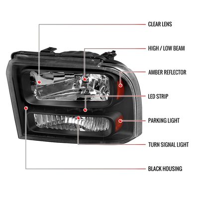 2005-2007 Ford F-250/350/450/550/Excursion Crystal Headlights LED Light Black