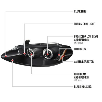 1998-2004 Dodge Intrepid Dual Halo Projector HeadLights Matte Black/Clear Lens