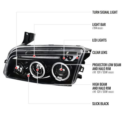 2005-2010 Dodge Charger Dual Halo Projector Headlights Jet Black/Clear Lens