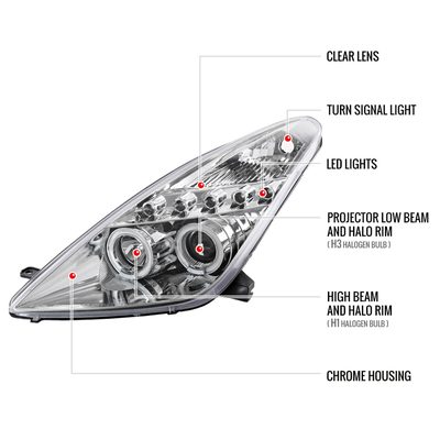2000-2005 Toyota Celica Dual Halo Projector Headlights Chrome/Clear Lens
