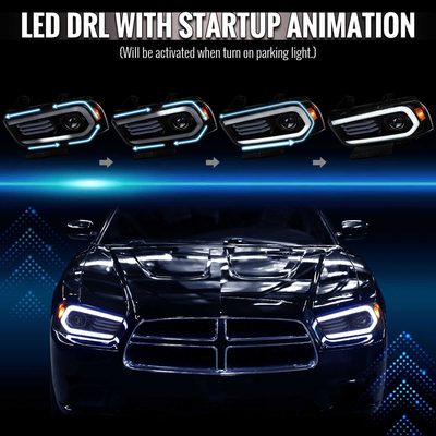 For Dodge Charger 2011-2014 Headlights LED DRL Light Strip Turn Signal Side Marker Black Housing Clear Lens