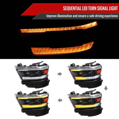 2019-2024 Dodge RAM 1500 Sequential LED Turn Signal Projector Headlights Black