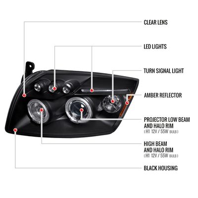 2007-2012 Dodge Caliber Dual Halo Projector Headlights Matte Black/Clear Lens