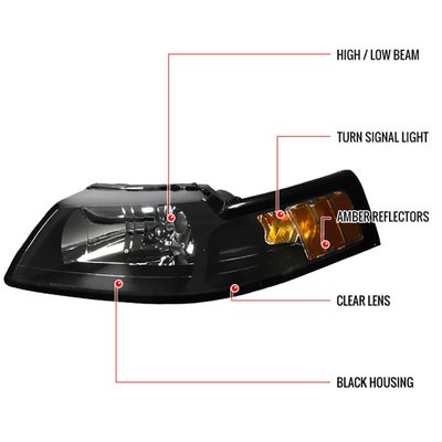 1999-2004 Ford Mustang Factory Headlights w/Amber ReflectorsMatte Black/Clear