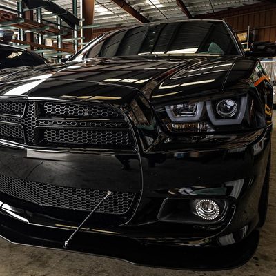 2011-2014 Dodge Charger Dual LED U-Bar Projector Headlights Glossy Black/Smoke