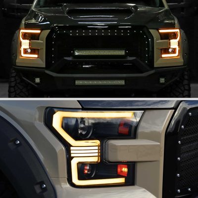 For Ford F-150 2015-2017 LED Bar Headlights Turn Signals Amber LED Pulsing Glow Black Housing Clear Lens