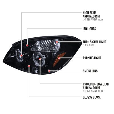 2005-2010 Chevy Cobalt Pontiac G5/Pursuit Dual Halo Projector Headlights Smoke