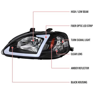 1999-2000 Honda Civic Coupe/Sedan LED Bar Factory Headlights Matt Black/Clear