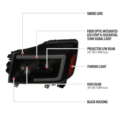 2004-2015 Nissan Titan/ 04-2007 Armada LED C-Bar Headlights Signal Black