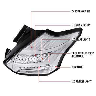2015-2019 Ford Focus Hatchback LED Tail Lights Chrome Housing/Clear Lens