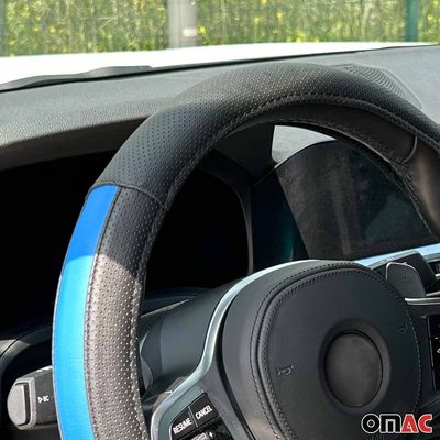 14.5-15.5’’ Steering Wheel Cover Half Moon Blue Leather Anti-slip Breathable