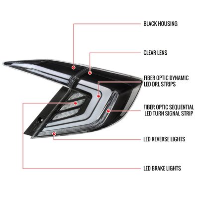 2016-2021 Honda Civic 4DR Sedan White LED Tail Lights Signal Lamps Matt Black