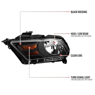 2010-2014 Ford Mustang Factory Style Headlights Matte Black/Clear Lens