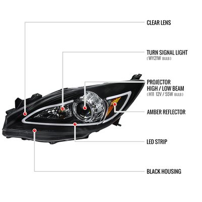 2010-2013 Mazda 3 Projector Headlights w/ LED Light Strip Matte Black/Clear