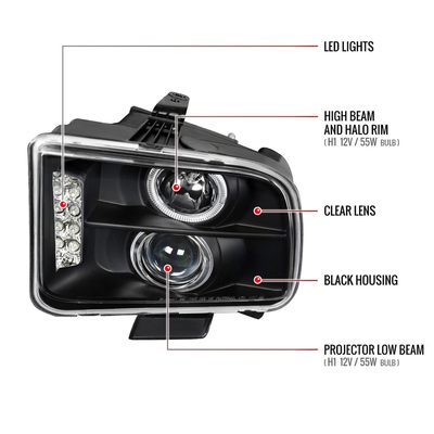 2005-2009 Ford Mustang Halo Projector Headlights LED Light Strip Matt Black