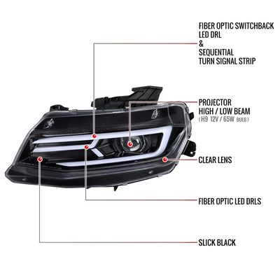 For Chevrolet Camaro 2016-2018 LED Strip Projector Headlights Turn Signal Light Glossy Black Housing Clear Lens