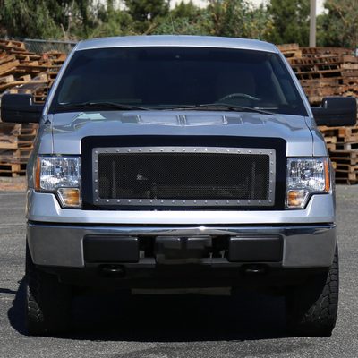 2009-2014 Ford F-150 Glossy Black ABS Rivet Style Grille w/ S.Steel Mesh