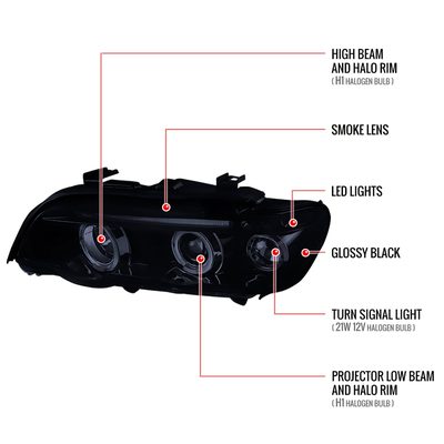 2001-2003 BMW E53 X5 Dual Halo Projector Headlights Glossy Black/Smoke Lens