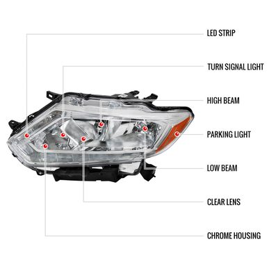 2014-2016 Nissan Rogue LED Strip Factory Style Headlights Chrome/Clear Lens