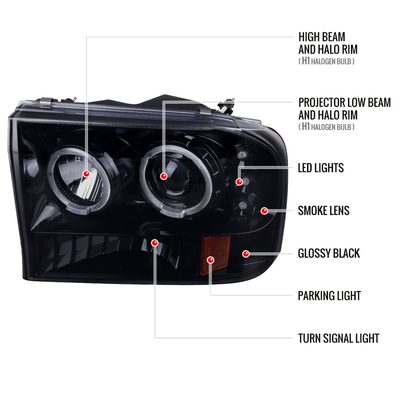1999-2004 Ford Excursion F-250 F-350 F-450 F-550 Dual Halo Headlights Smoke