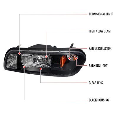 1987-93 Ford Mustang Factory Style Crystal Headlights Matte Black/Clear Lens