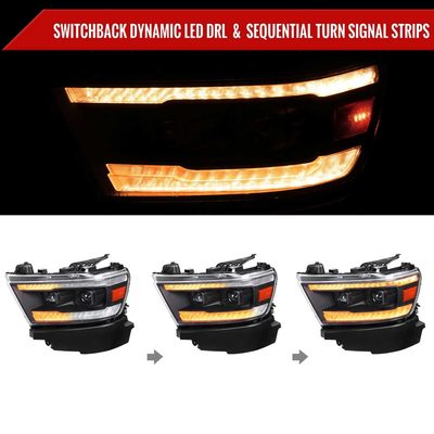 For Dodge RAM 1500 2019-2024 LED Headlights Turn Signals LED Pulsing Glow Matte Black Housing Clear Lens