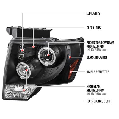 2009-2014 Ford F-150 Dual Halo Projector Headlights Matte Black/Clear Lens