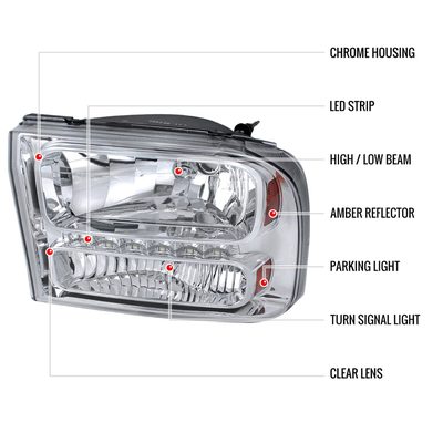 1999-2004 Ford F-250/350/450/550/Excursion Crystal Headlights LED Light Chrome