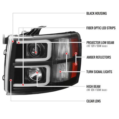 2007-2013 Chevy Silverado 1500 2500HD 3500HD Dual LED C-Bar Headlights Black