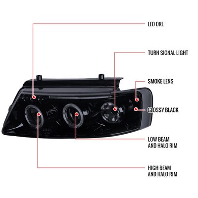 1997-2000 VW Passat Dual Halo Projector Headlights Glossy Black/Smoke Lens