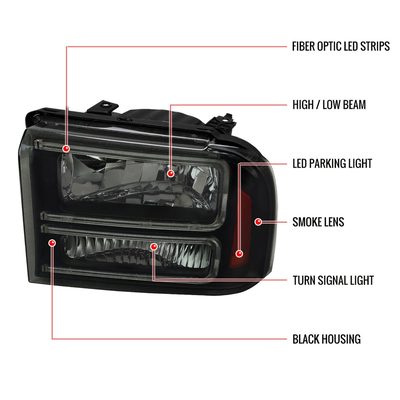 2005-2007 Ford F-250/350/450 SuperDuty Dual LED C-Bar Factory Headlights Black