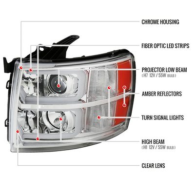 2007-2013 Chevy Silverado 1500 2500HD 3500HD Dual LED C-Bar Headlights Chrome