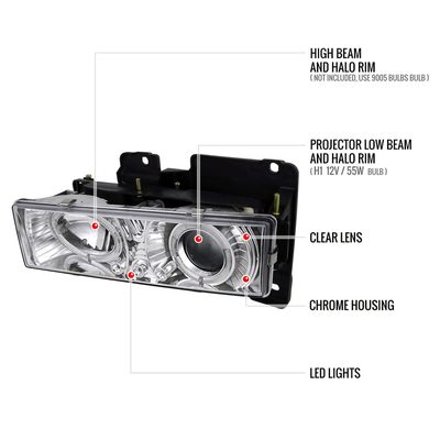 1988-1999 Chevy C/K C10/Blazer/Tahoe/Yukon Dual Halo Headlights Chrome