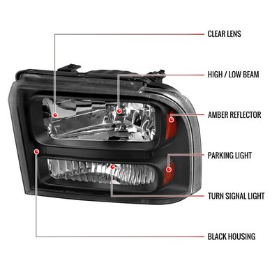 2005-2007 Ford F-250/350/450/550/Excursion Crystal Headlights Matt Black/Clear