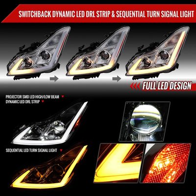 For Infiniti G37 2008-13 / Q60 Coupe 2014-15 LED Projector Headlights Sequential Chrome Housing Clear Lens Switchback