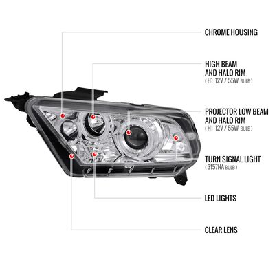 2010-2014 Ford Mustang Dual Halo Projector Headlights Chrome/Clear Lens