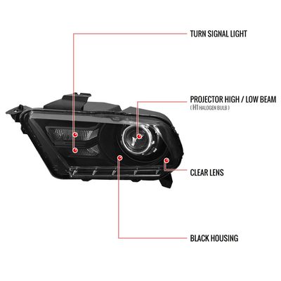 2010-2014 Ford Mustang Retrofit Style Projector Headlights Matte Black/Clear