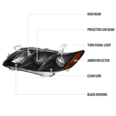 2007-2009 Toyota Camry Projector Headlights Amber Reflectors Matt Black/Clear