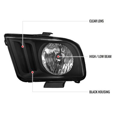 2005-2009 Ford Mustang Factory Style Headlights Matte Black/Clear Lens