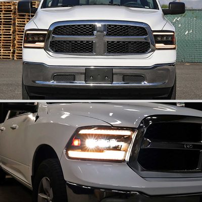For Dodge RAM 1500 2009-18 / RAM Classic 2019 / 2500 3500 2010-18 Switchback Full Amber LED Projector Headlights Matte Black Housing Clear Lens
