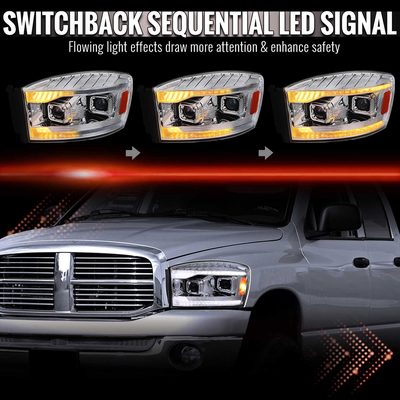 For Dodge RAM 1500 2006-08 / RAM 2500 3500 2006-09 Headlights Switchback LED Strips Turn Signals DRL Chrome Housing Lens
